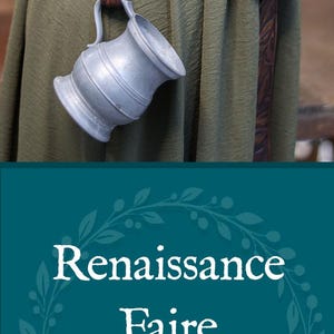 May include: Renaissance Faire belt holder with a green leather belt and silver keys. The belt is adorned with leaf patterns. A pewter tankard hangs from a brown leather belt with leaf patterns. A black lantern hangs from a black leather belt.