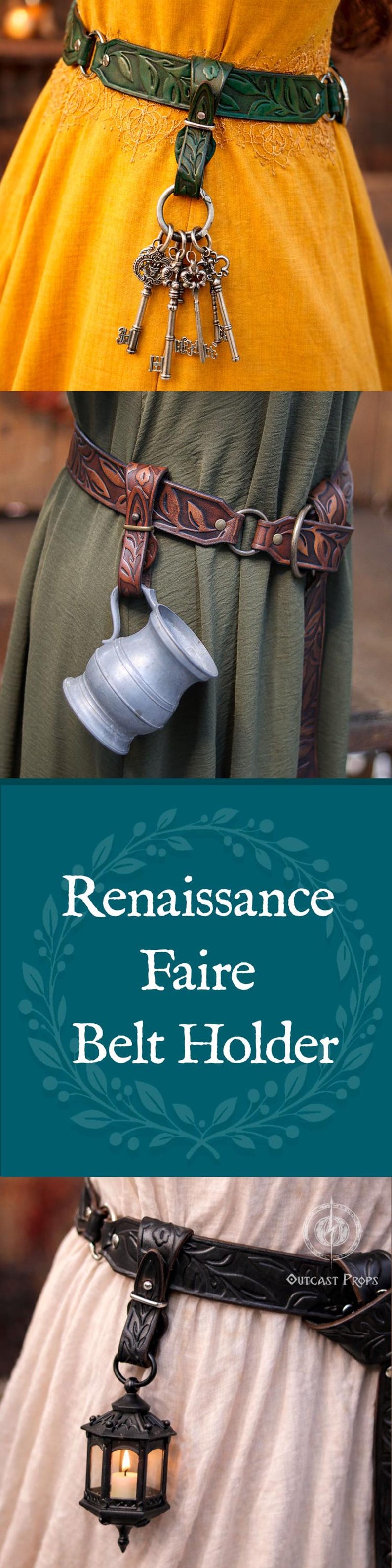 May include: Renaissance Faire belt holder with a green leather belt and silver keys. The belt is adorned with leaf patterns. A pewter tankard hangs from a brown leather belt with leaf patterns. A black lantern hangs from a black leather belt.