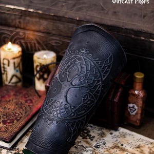 Yggdrasil Viking leather bracer world tree vambrace for larps cosplay yule high-quality full-grain vegetable tanned leather embossed armor