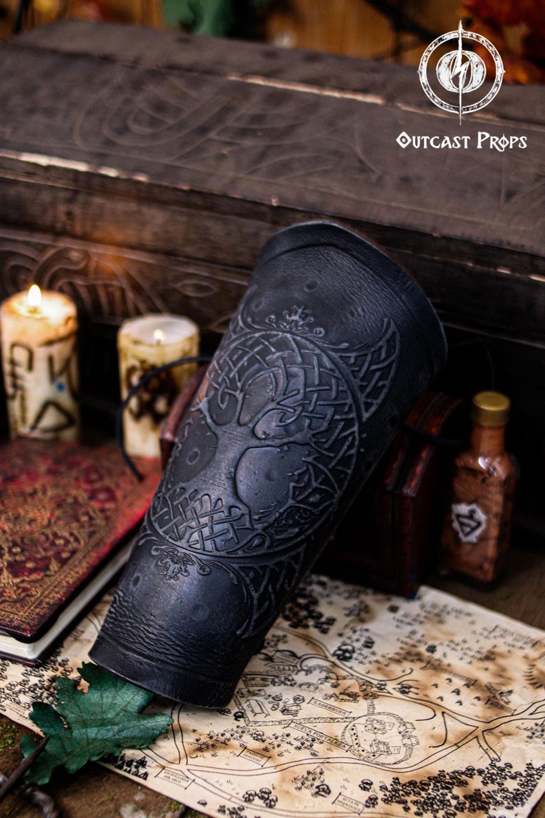 Yggdrasil Viking leather bracer world tree vambrace for larps cosplay yule high-quality full-grain vegetable tanned leather embossed armor