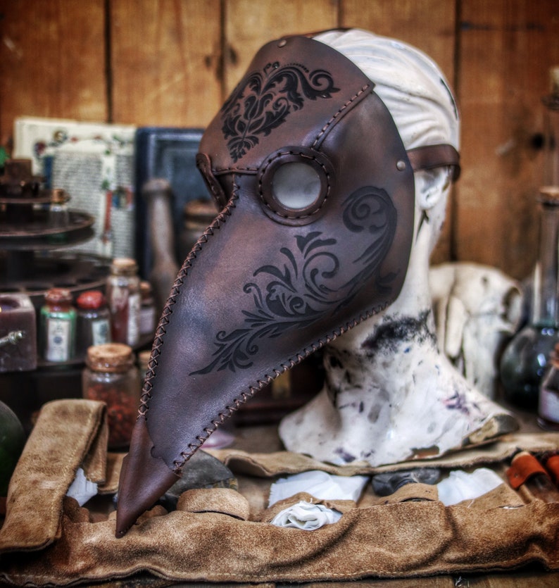 Plague Doctor Mask Long Nose Bird Mask with Floral engravings Steampunk costume full-grain leather LARP medieval assassin alchemist cosplay image 2