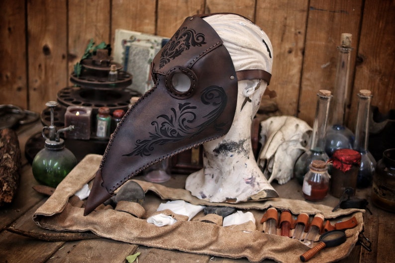 Plague Doctor Mask Long Nose Bird Mask with Floral engravings Steampunk costume full-grain leather LARP medieval assassin alchemist cosplay image 4