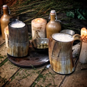 Viking Horn Mug XXL Tankard with carved stripes - renfaire LARP Festivals decor groom gift  800-1200ml - 28-40 Oz capacity