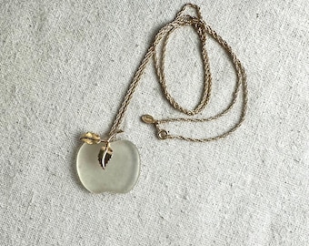 Avon Frosted Glass Apple Pendant on 26" Chain, 1 3/8" pendant, gold tone base metal, vintage, signed