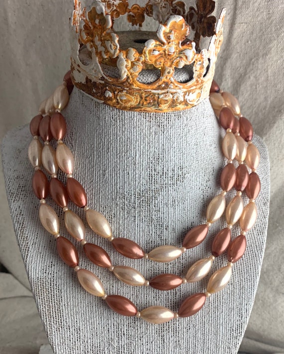 Vintage Three Strand Faux Pearl Necklace, shortes… - image 1