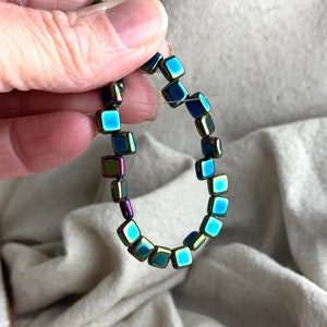 Czech Glass Double Drilled Square Beads in Peacock, 6 mm, TWO 1 mm holes, 25 beads per strand