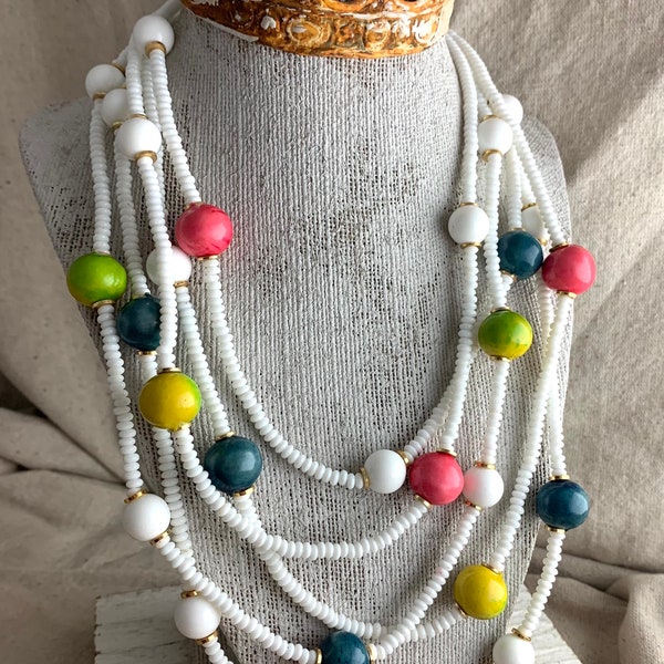 Les Bernard Bead Necklace, 5 strands, shortest 18", beads range from 4 mm to 15 mm, white acrylic with multi color station beads, signed