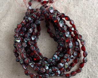 Czech Glass Pinch Beads in Red with Picasso Finish, 5 mm, 1 mm hole, 30 beads per strand