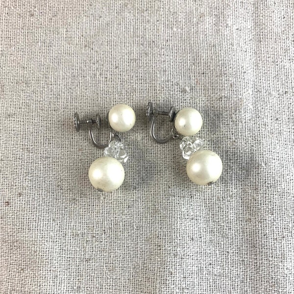 Richelieu Faux Pearl and Glass Bead Screw Back Earrings, 1 1/4" long, white plastic beads with matte finish, silver tone base metal, signed