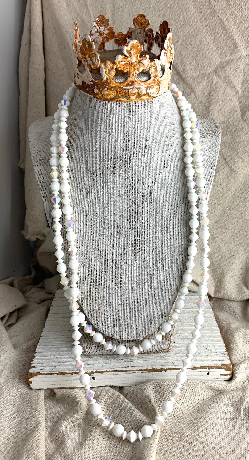 AB finish 52 long Vintage White Faceted Glass Bead Necklace spring ring closure