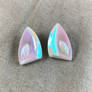 Vintage Pressed Glass Clip on Earrings from Western Germany, 1 3/8&quot; x 7/8&quot;, white glass with pink AB finish, signed