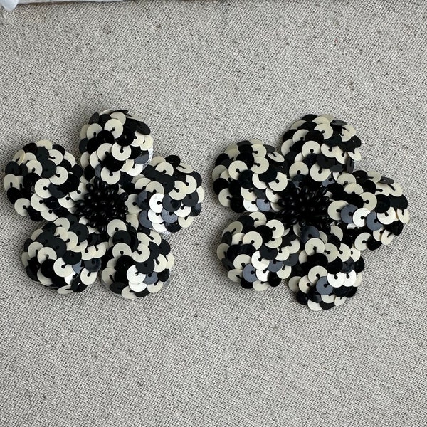 Sequined Flower Shoe Clips, 2 1/2" diameter, black and beige, vintage, unbranded