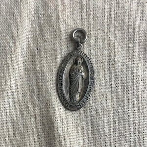 Vintage Religious Medal, 1 3/8&quot; x 5/8&quot;, silver tone base metal, Sacred Heart of Jesus, Lady of Carmel