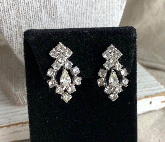 Vintage Rhinestone Screw Back Earrings, 1 1/8 X 5/8, Silver Tone