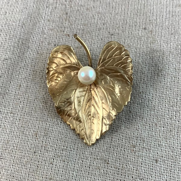 Winard Gold Filled Leaf Brooch with Real Pearl, 1 1/2" x 1 1/4", marked 1/20 12 K GF, vintage, signed