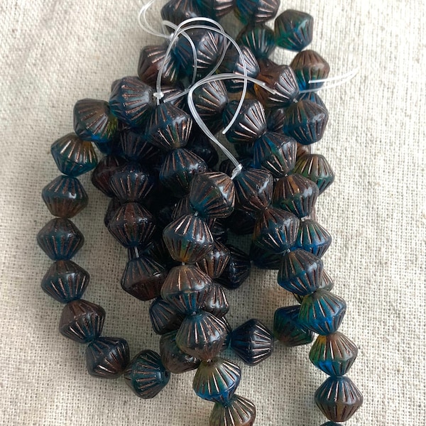 Czech Glass Tribal Bicone Beads in Teal, Amber, and Emerald with Metallic Brown Wash, 11 mm, 1 mm hole, 15 beads per strand