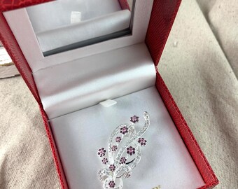 Vintage Napier Floral Brooch, Purple Rhinestones, Original Box