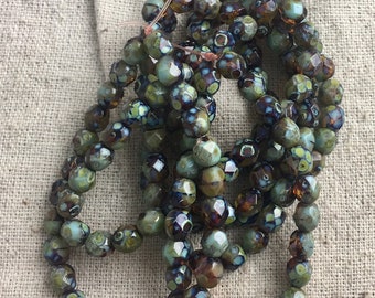 Czech Glass Faceted Round Beads in Amber and Turquoise with Picasso, 6 mm, 1 mm hole, 25 beads per strand