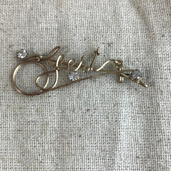 Vintage Wire Wrapped Name Brooch, Gert, 1 1/8" x 3/4", rhinestone accents, gold filled wire, unbranded