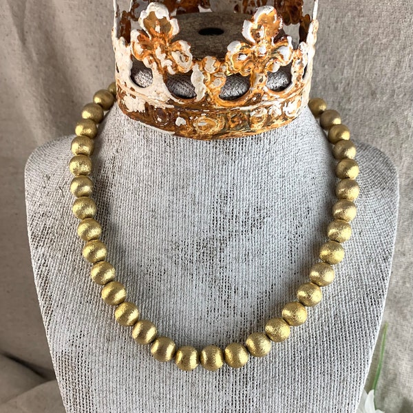 Les Bernard Bead Necklace, 16" long, gold tone base metal, textured finish, strung on chain, barrel clasp, vintage, signed