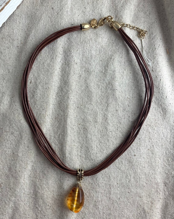 Lia Sophia Glass Orange Bead and Leather Necklace… - image 3