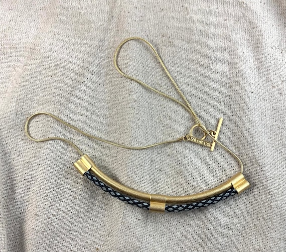 Shlomit Ofir Necklace 16 Long 4 Bar Gold Tone Base Metal With Matte Finish Black With White Cord Snake Chain Signed Etsy New Zealand