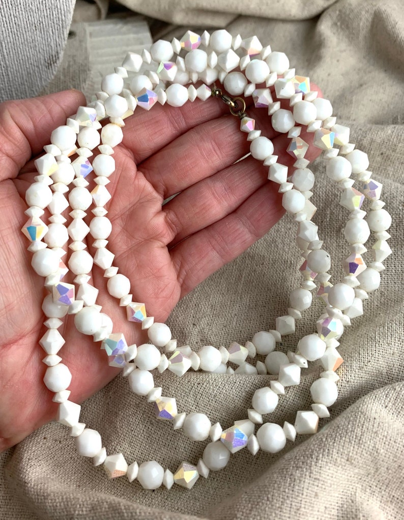 AB finish 52 long Vintage White Faceted Glass Bead Necklace spring ring closure