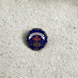 Presbyterian Church Pin, 3/4&quot; x 5/8&quot;, silver tone base metal, blue and red enamel front, open C clasp, preowned