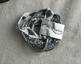 Victoria Emerson Multi Strand Beaded Bracelet, 7" long, 6 strands, silver tone base metal, preowned, signed on magnetic clasp