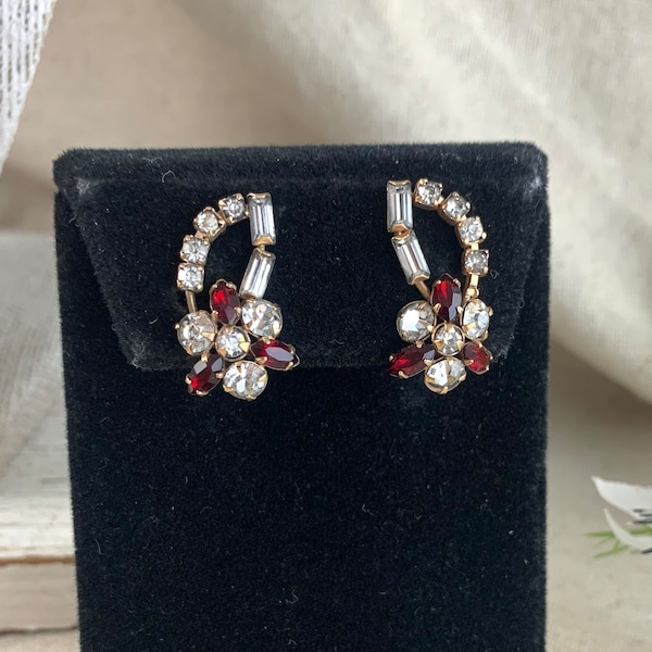 Phyllis Rhinestone Screw Back Earrings, 7/8" x 1/2", red and clear prong set stones, gold filled, 1/20 12 KT GF, vintage, signed