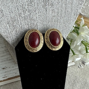 Etruscan Style Post Back Earrings with Red Plastic Cabochons, 1 1/4&quot; x 1&quot;, antiqued gold tone base metal, unbranded