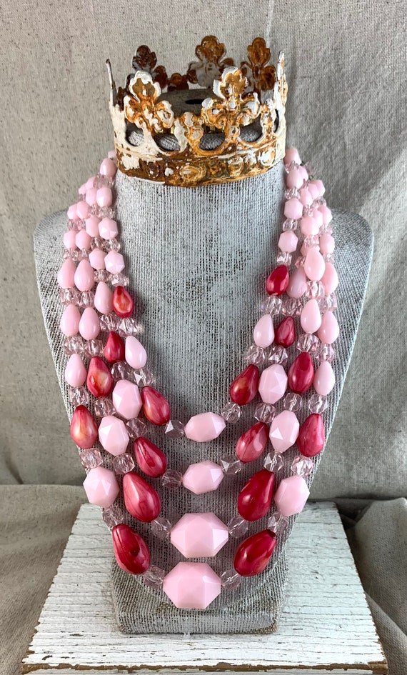 signed on hook shortest 15 long with 3 extender faux pearls gold tone findings 4 strands pink Vintage Bead Necklace from Japan