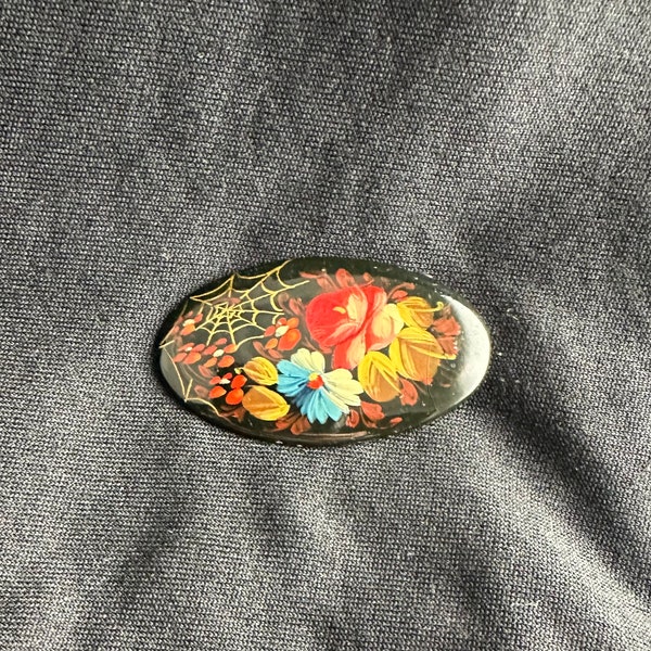 Russian Hand Painted Lacquer Brooch with Flowers and Spider Web, 2" x 1 1/4", vintage, signed