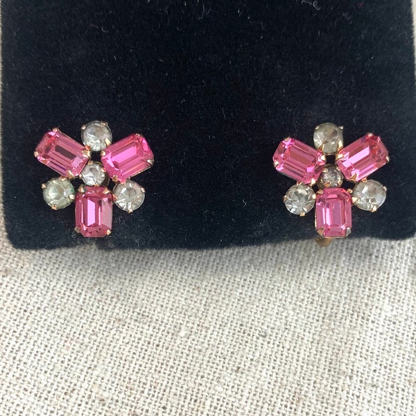 Star Art Pink and Clear Rhinestone Screw Back Earrings, 5/8" x 5/8", gold filled, marked 1/20 12 KT GF, vintage, signed