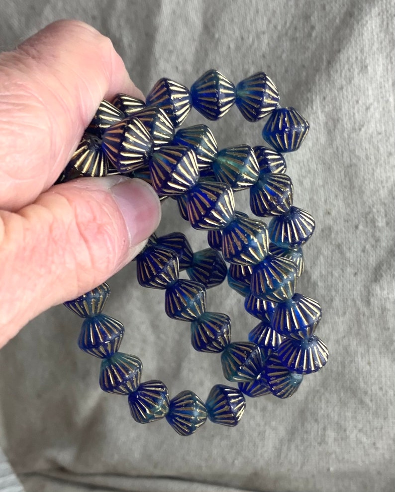 15 beads per strand 1 mm hole 11 mm Czech Glass Tribal Bicones in Sapphire and Sky Blue with Gold