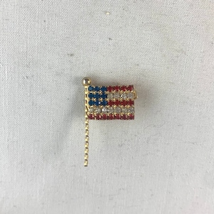American Flag Rhinestone Brooch, 1 3/8&quot; x 3/4&quot;, gold tone base metal, unbranded