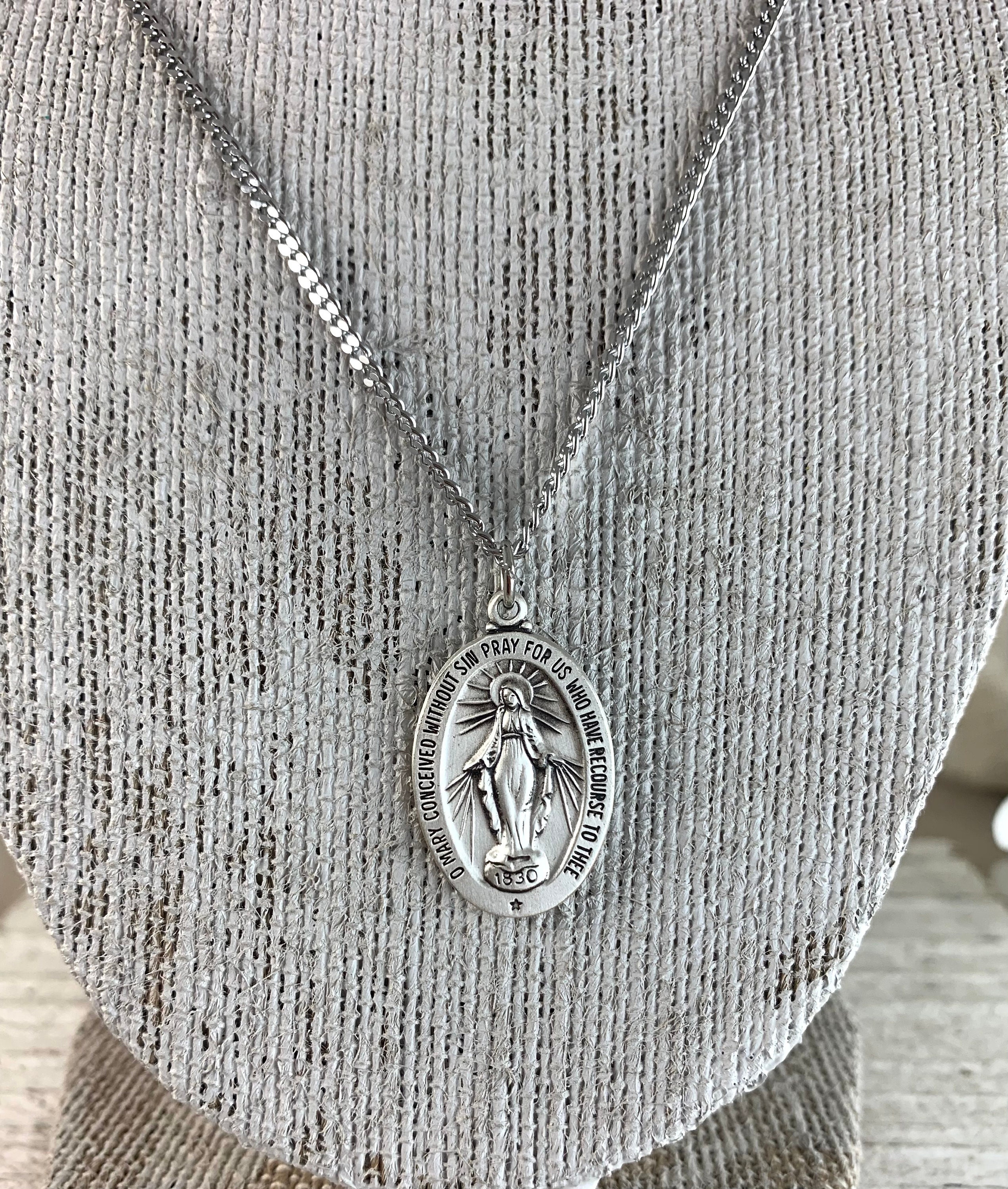 St. Christopher Medal with Blue Enamel, Sterling Silver, Large + 24 2.4mm Rhodium Plate Endless Chain
