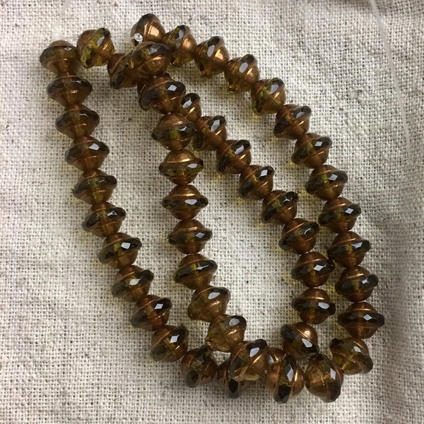 Czech Glass Saturn Beads in Dark Olive with Copper Wash, 9 mm x 7 mm, 1 mm hole, 25 beads per lot