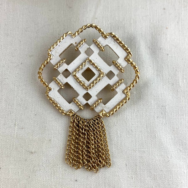 Avon Nautical Theme Brooch, 2 3/4" x 2", gold tone base metal with white enamel, chain tassel, vintage, signed