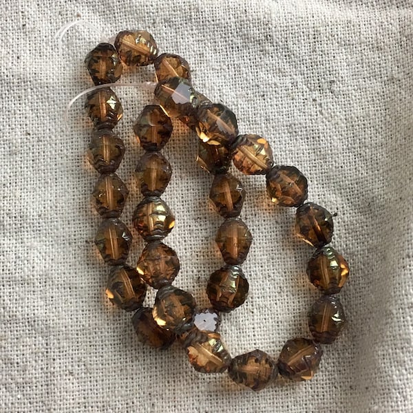 Czech Glass Faceted Bicone Beads in Amber, 8 mm x 19 mm, 1 mm hole, 15 beads per strand