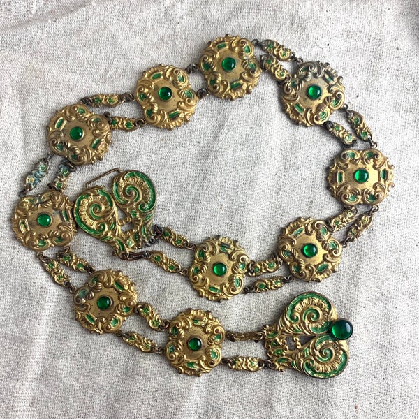 Antique Metal Stamping Jeweled Belt, 27" long, 1 1/2" tall panels, 1 3/4" tall buckle, circa 1900's, green glass cabs, gold base metal