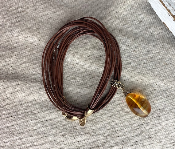Lia Sophia Glass Orange Bead and Leather Necklace… - image 1