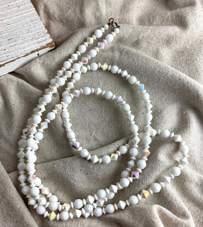 AB finish 52 long Vintage White Faceted Glass Bead Necklace spring ring closure