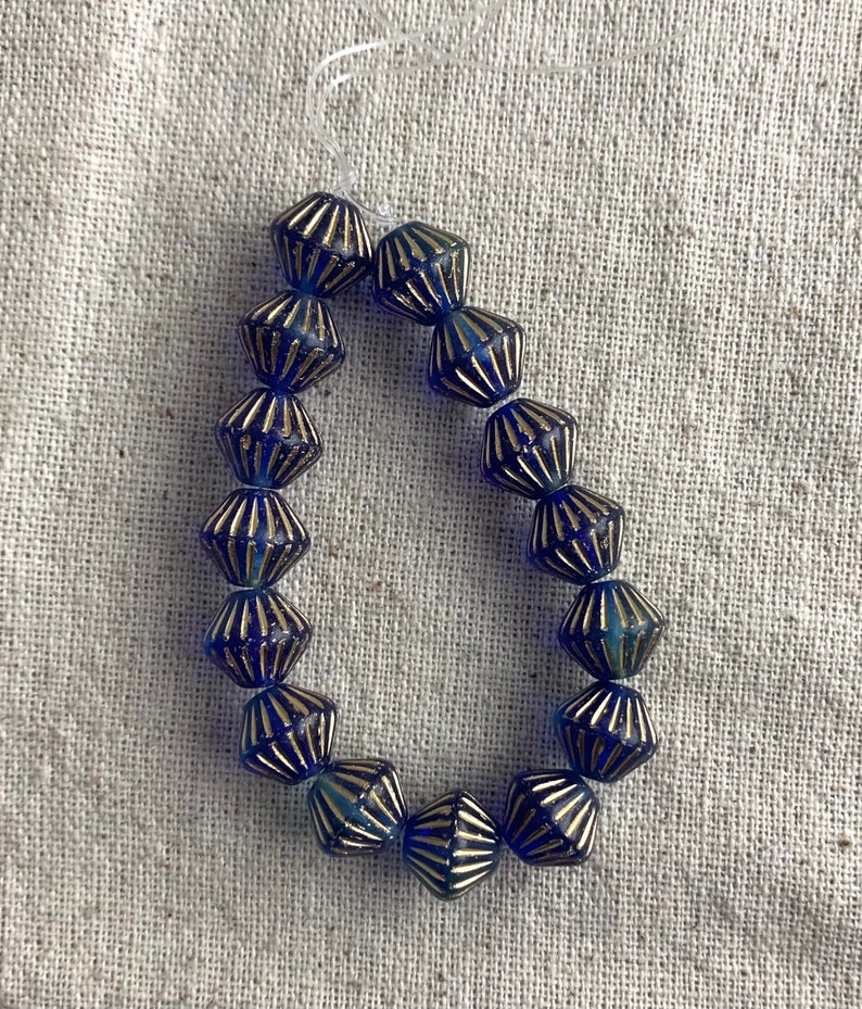15 beads per strand 1 mm hole 11 mm Czech Glass Tribal Bicones in Sapphire and Sky Blue with Gold