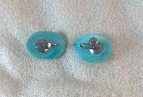 Vintage Screw Back Earrings, 1 1/8" x 7/8", blue … - image 2