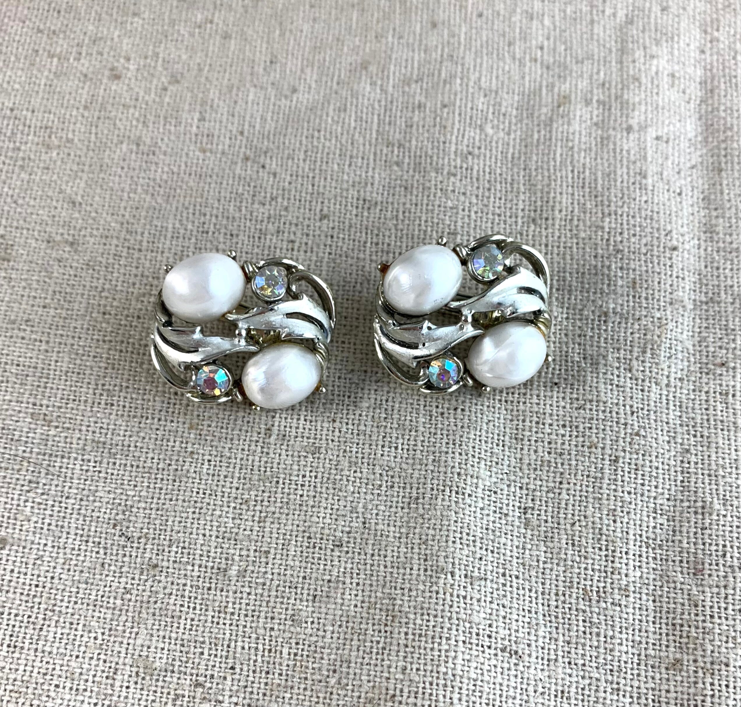 Star Faux Pearl and AB Rhinestone Clip on Earrings, 7/8 X 7/8  