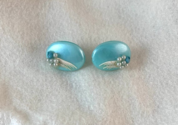 Vintage Screw Back Earrings, 1 1/8" x 7/8", blue … - image 3