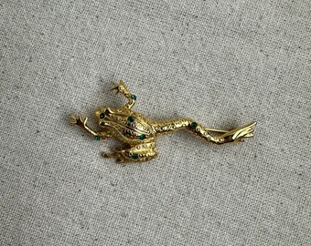 Leaping Frog Brooch with Green Rhinestones, 2 3/4" x 1 1/4", gold tone base metal, unbranded