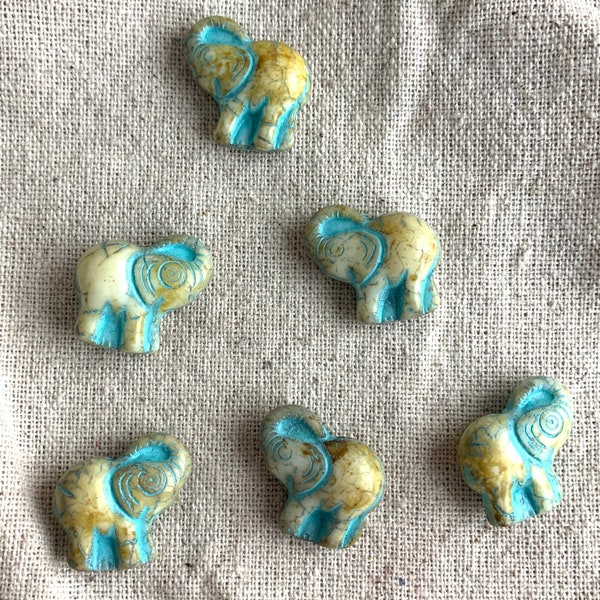 Czech Glass Elephant Beads in White with Honey, Turquoise, and Picasso, 20 mm x 23 mm, 1 mm hole, 6 beads per strand