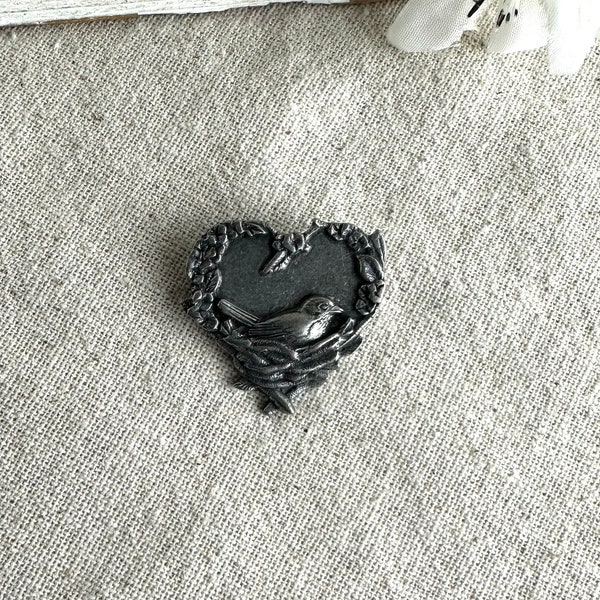 Birds and Blooms Heart Brooch, 1 1/4" x 1 1/4", bird theme, signed and dated 2004